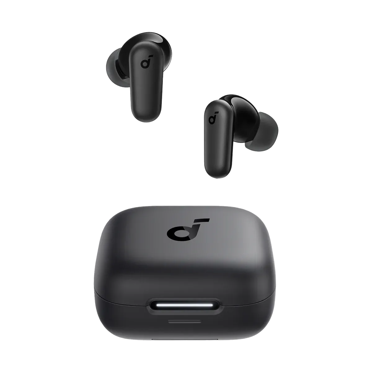 Dua earbud Soundcore R50i NC hitam melayang di atas charging case-nya, latar putih